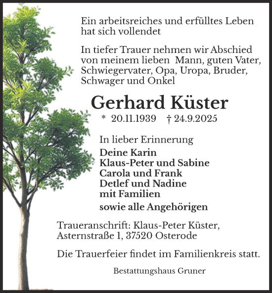 Traueranzeige von Gerhard Küster von Harz Kurier