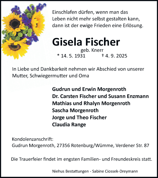 Traueranzeige von Gisela Fischer von Harz Kurier