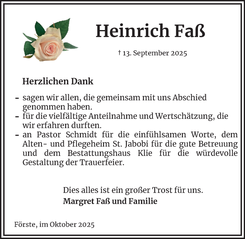  Traueranzeige für Heinrich Faß vom 25.10.2025 aus Harz Kurier