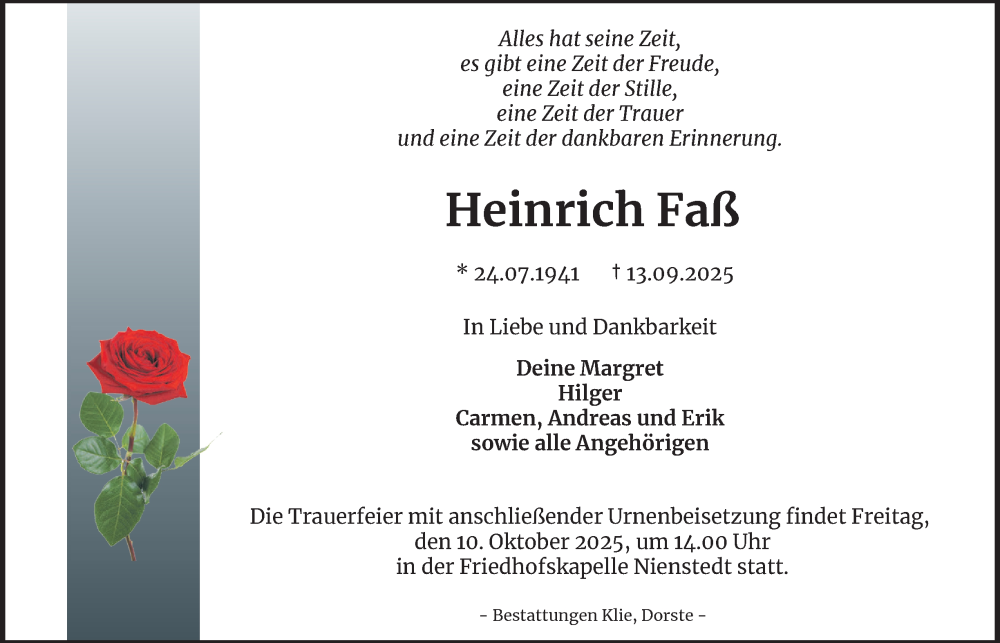  Traueranzeige für Heinrich Faß vom 04.10.2025 aus Harz Kurier