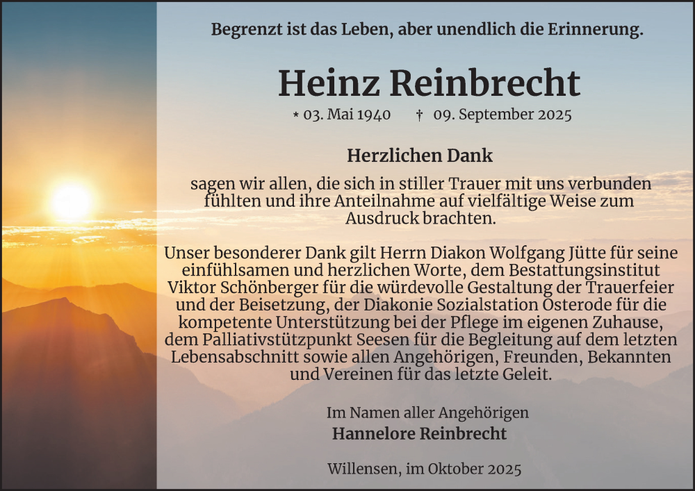  Traueranzeige für Heinz Reinbrecht vom 11.10.2025 aus Harz Kurier