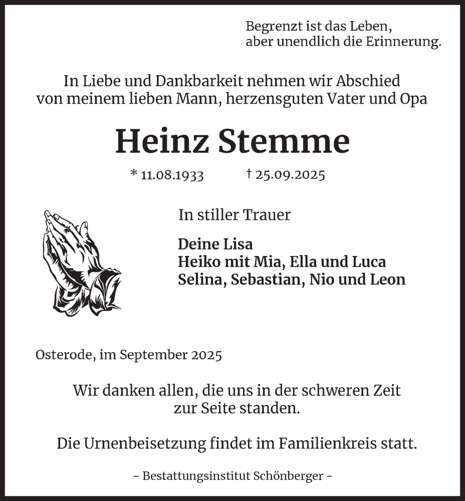  Traueranzeige für Heinz Stemme vom 04.10.2025 aus Harz Kurier