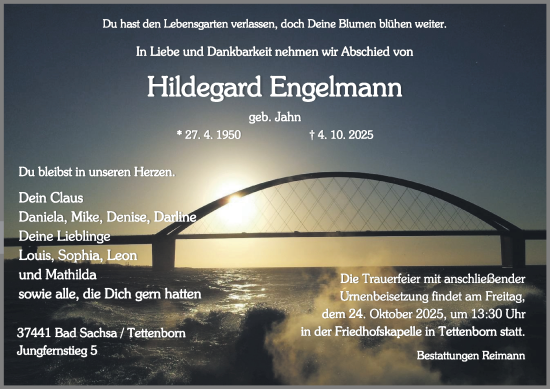 Traueranzeige von Hildegard Engelmann von Harz Kurier