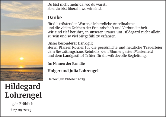 Traueranzeige von Hildegard Lohrengel von Harz Kurier