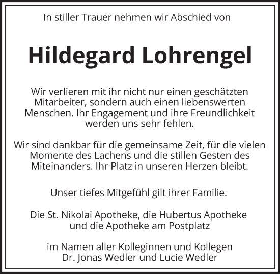 Traueranzeige von Hildegard Lohrengel von Harz Kurier