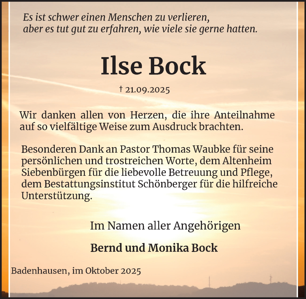  Traueranzeige für Ilse Bock vom 25.10.2025 aus Harz Kurier