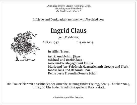 Traueranzeige von Ingrid Claus von Harz Kurier
