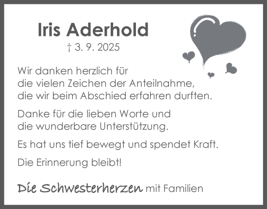 Traueranzeige von Iris Aderhold von Harz Kurier