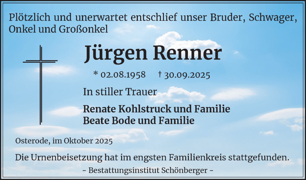  Traueranzeige für Jürgen Renner vom 25.10.2025 aus Harz Kurier