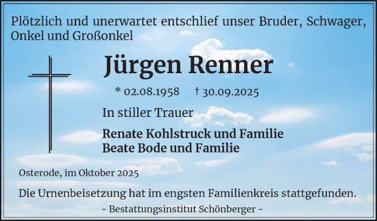 Traueranzeige von Jürgen Renner von Harz Kurier