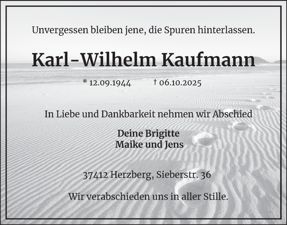  Traueranzeige für Karl-Wilhelm Kaufmann vom 11.10.2025 aus Harz Kurier