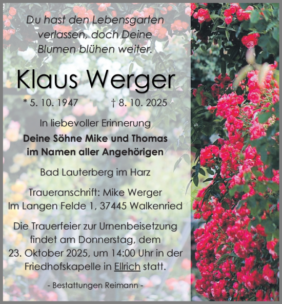 Traueranzeige von Klaus Werger von Harz Kurier