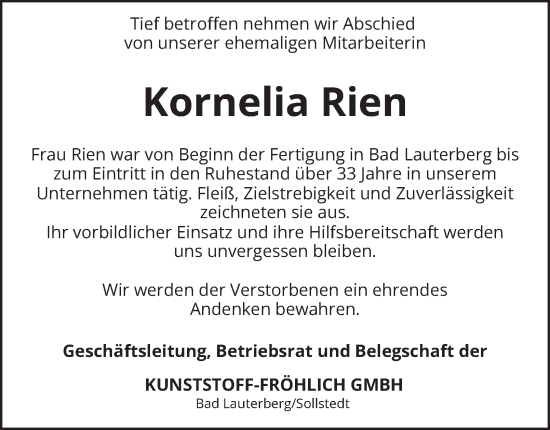 Traueranzeige von Kornelia Rien von Harz Kurier