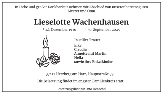 Traueranzeige von Lieselotte Wachenhausen von Harz Kurier