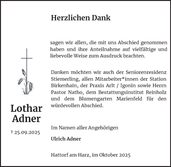 Traueranzeige von Lothar Adner von Harz Kurier
