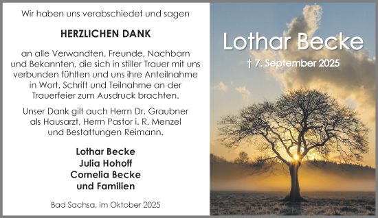 Traueranzeige von Lothar Becke von Harz Kurier