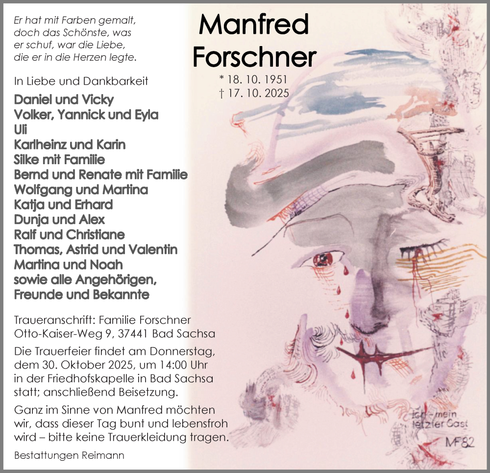  Traueranzeige für Manfred Forschner vom 25.10.2025 aus Harz Kurier