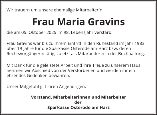Traueranzeige von Maria Gravins von Harz Kurier