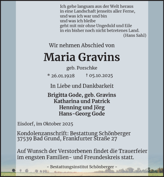 Traueranzeige von Maria Gravins von Harz Kurier