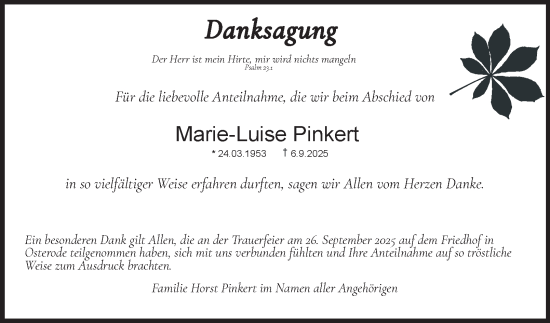 Traueranzeige von Marie-Luise Pinkert von Harz Kurier