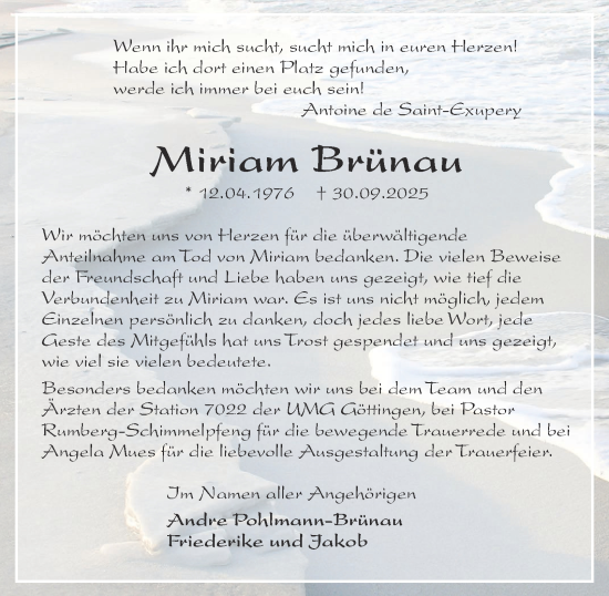 Traueranzeige von Miriam Brünau von Harz Kurier