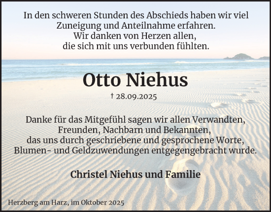 Traueranzeige von Otto Niehus von Harz Kurier