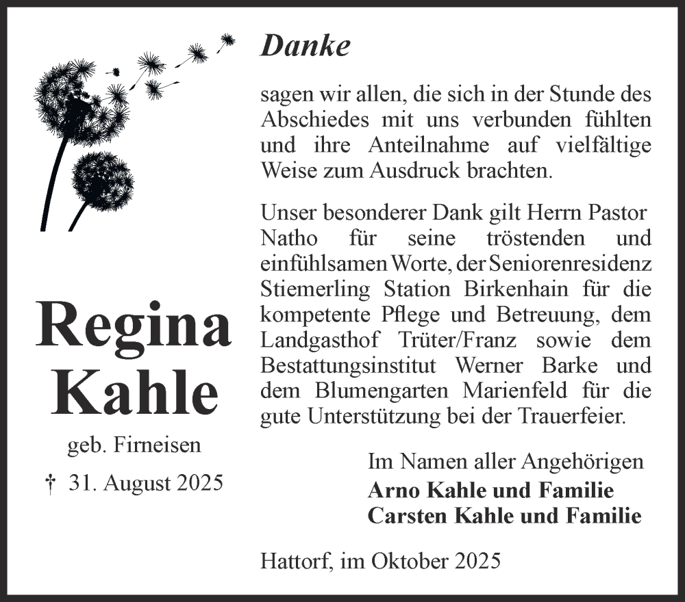  Traueranzeige für Regina Kahle vom 04.10.2025 aus Harz Kurier