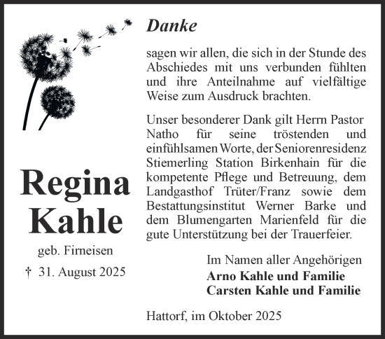 Traueranzeige von Regina Kahle von Harz Kurier