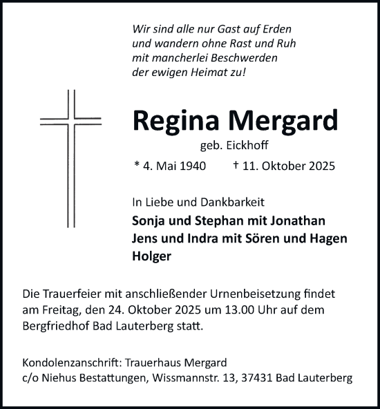 Traueranzeige von Regina Mergard von Harz Kurier