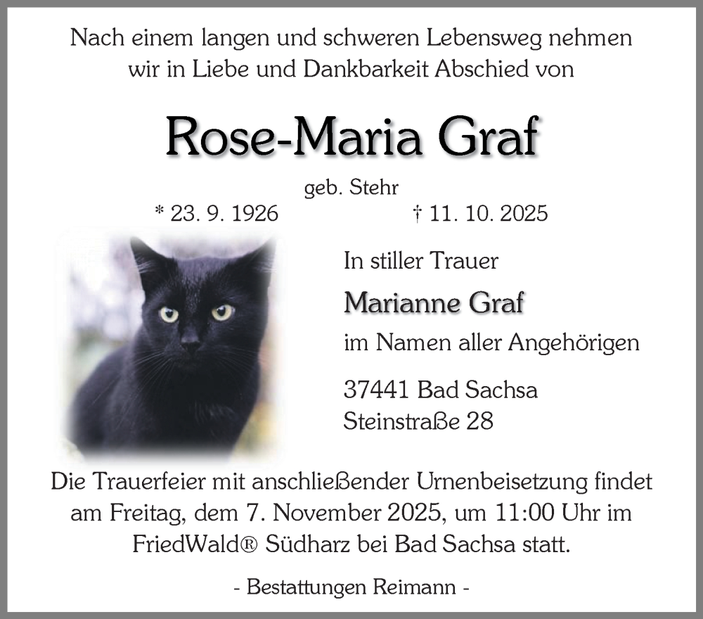  Traueranzeige für Rose-Maria Graf vom 25.10.2025 aus Harz Kurier