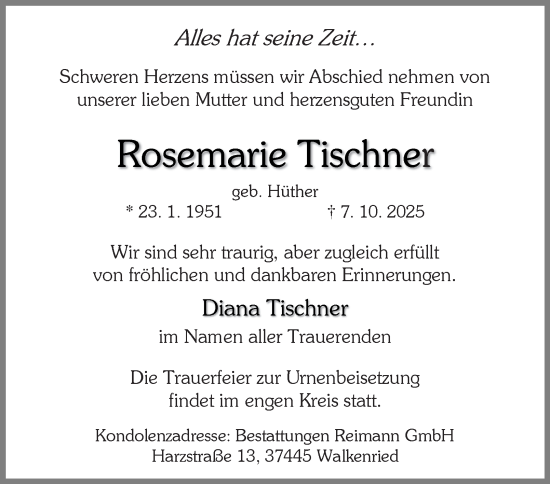 Traueranzeige von Rosemarie Tischner von Harz Kurier