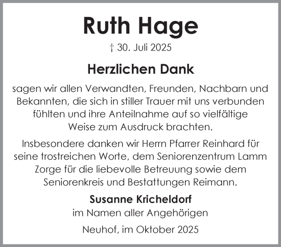 Traueranzeige von Ruth Hage von Harz Kurier