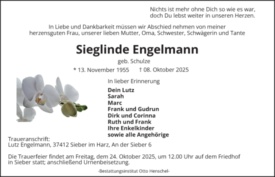 Traueranzeige von Sieglinde Engelmann von Harz Kurier