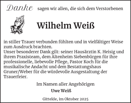 Traueranzeige von Wilhelm Weiß von Harz Kurier