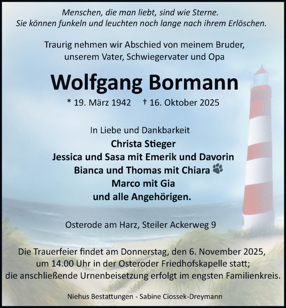  Traueranzeige für Wolfgang Bormann vom 25.10.2025 aus Harz Kurier