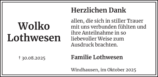 Traueranzeige von Wolko Lothwesen von Harz Kurier