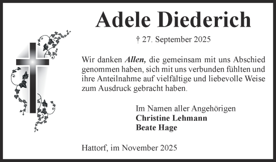 Traueranzeige von Adele Diederich von Harz Kurier