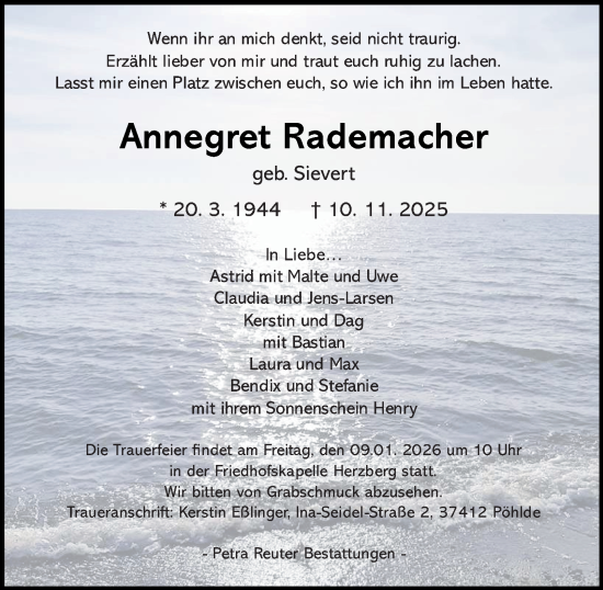 Traueranzeige von Annegret Rademacher von Harz Kurier