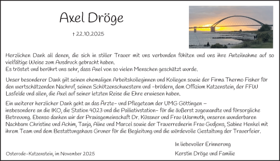 Traueranzeige von Axel Dröge von Harz Kurier