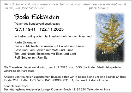 Traueranzeige von Bodo Eickmann von Harz Kurier