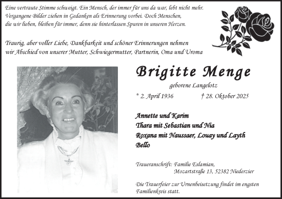 Traueranzeige von Brigitte Menge von Harz Kurier