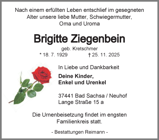 Traueranzeige von Brigitte Ziegenbein von Harz Kurier