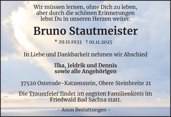 Traueranzeige von Bruno Stautmeister von Harz Kurier