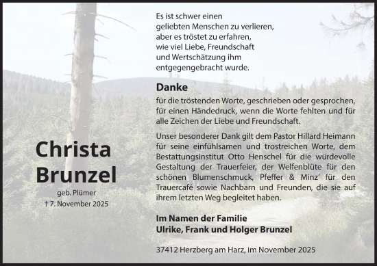 Traueranzeige von Christa Brunzel von Harz Kurier