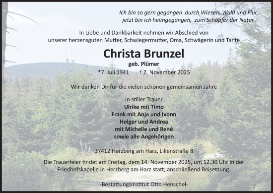 Traueranzeige von Christa Brunzel von Harz Kurier