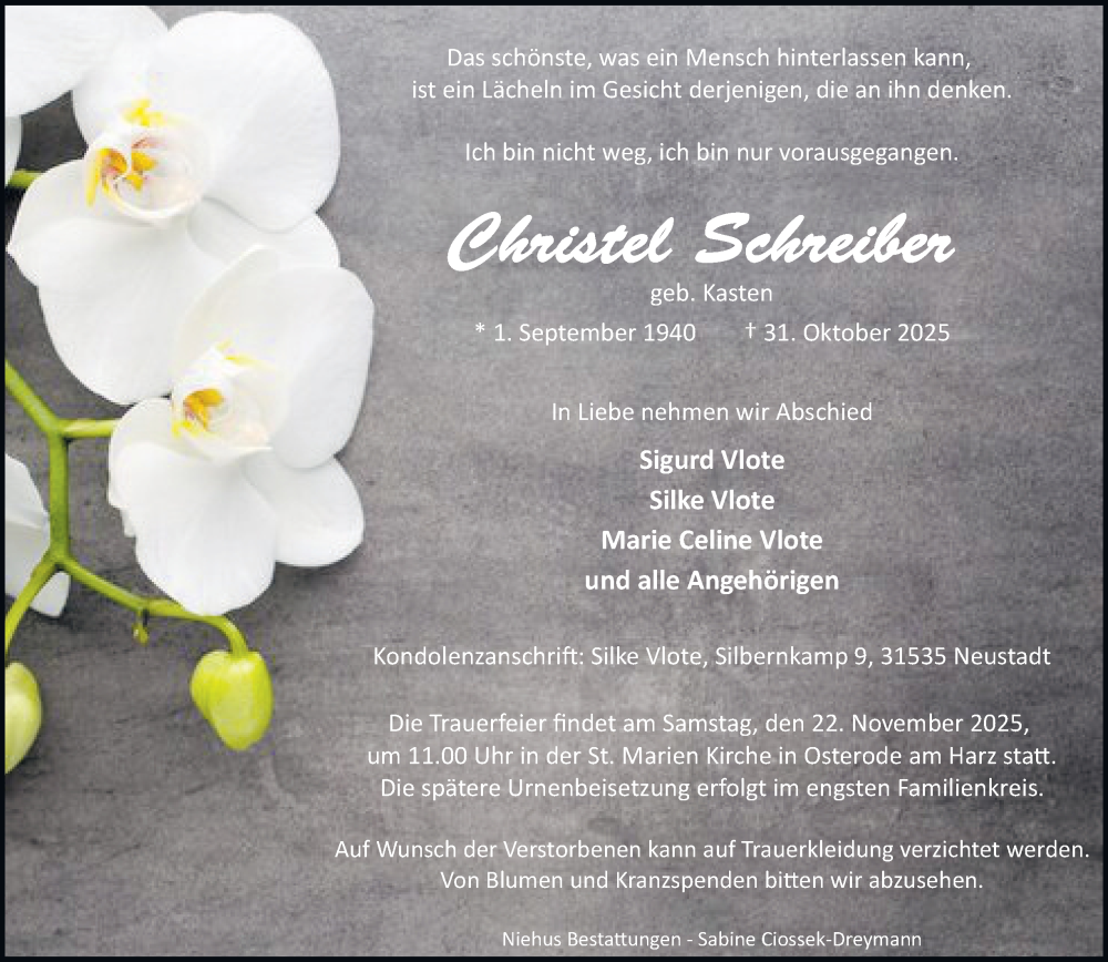  Traueranzeige für Christel  Schreiber vom 08.11.2025 aus Harz Kurier