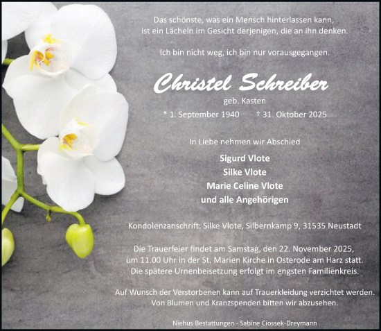 Traueranzeige von Christel  Schreiber von Harz Kurier