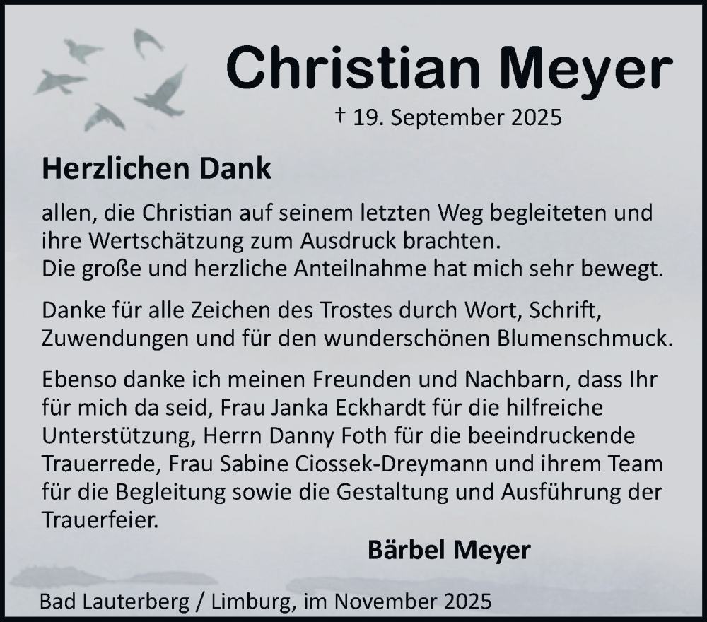  Traueranzeige für Christian Meyer vom 08.11.2025 aus Harz Kurier