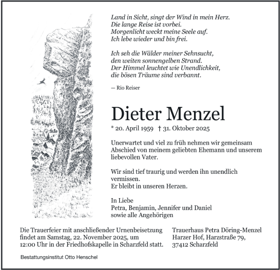 Traueranzeige von Dieter Menzel von Harz Kurier