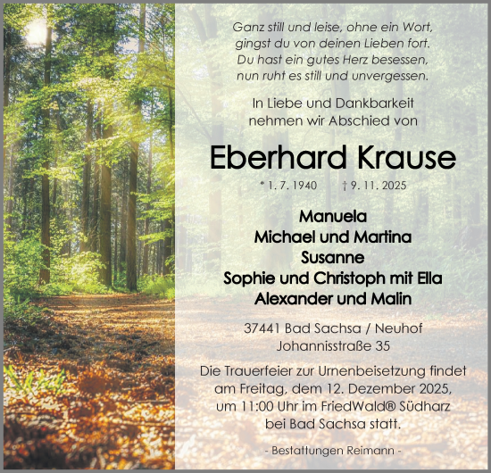 Traueranzeige von Eberhard Krause von Harz Kurier